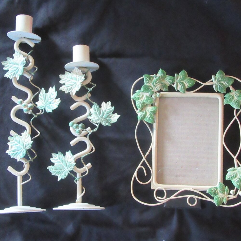 Vintage Y2K cottagecore metal 2 ivy candle holders & 1 picture frame